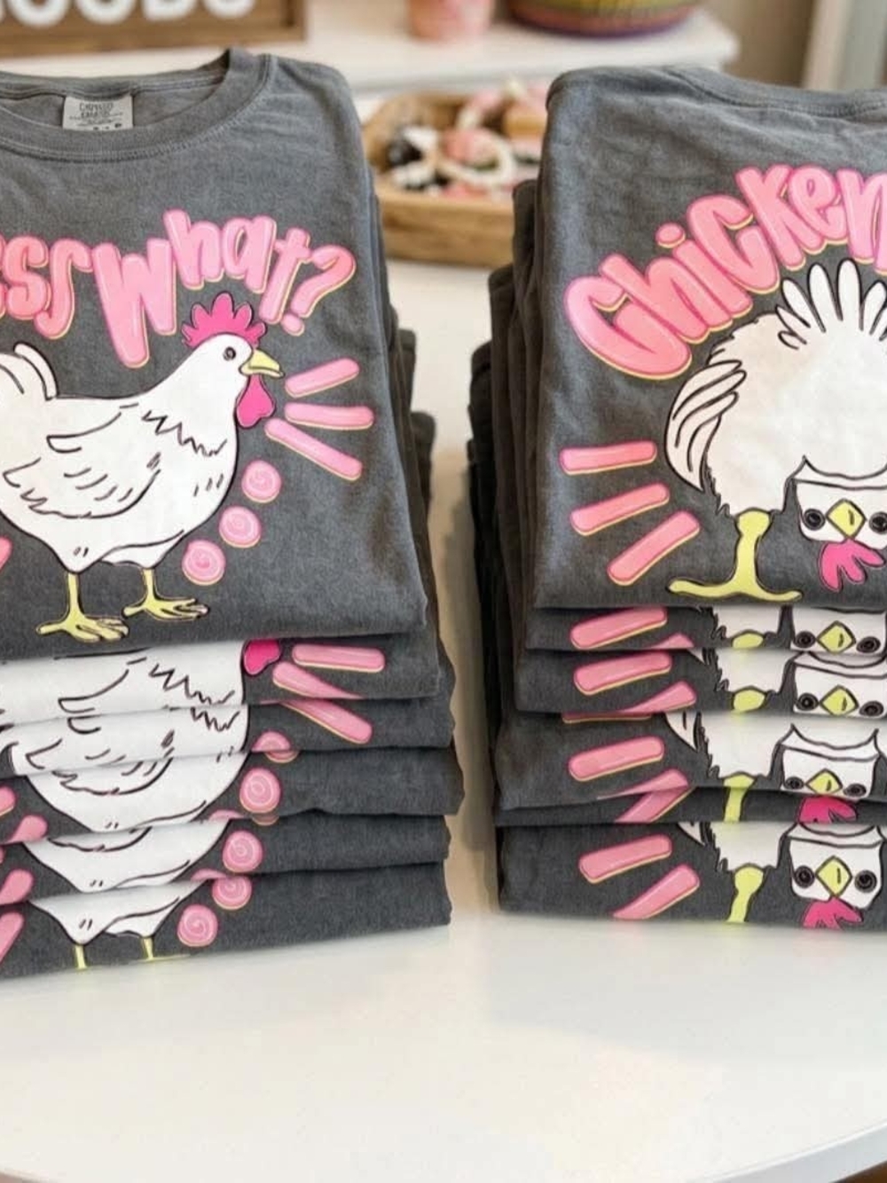 Gildan Gray Short Sleeve Tee with Pink & Yellow Chicken Graphic